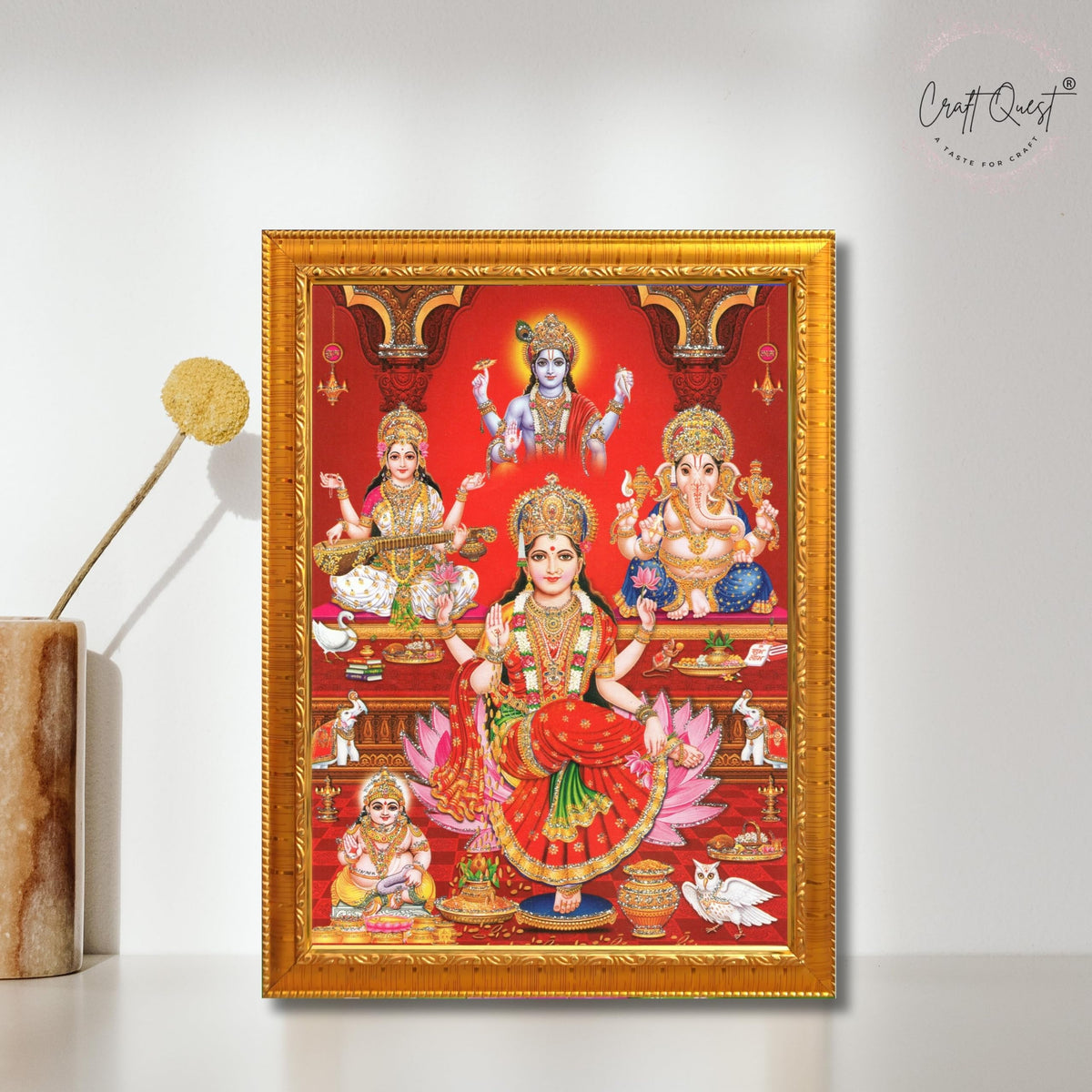 CRAFT QUEST Lakshmi Devi Ganesha Saraswati Ganesh ji Hanging Wall Painting Framed Home and Pooja Decor Hindu Bhagwan Devi Devta Photo Frame