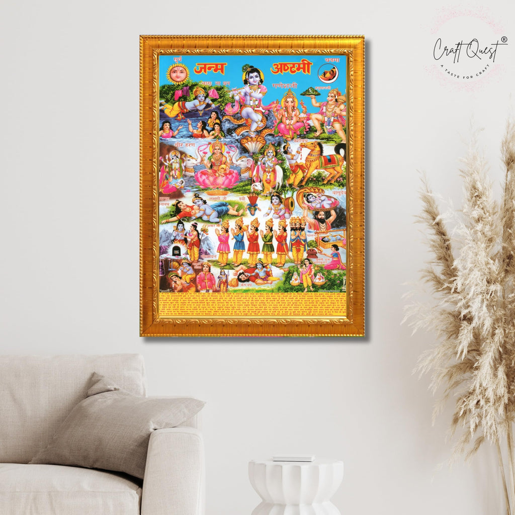 CRAFT QUEST Krishna Janmashtami Photo with Frame, Janmashtami Painting, Hindu God Wall Art, Spiritual Photo for Home Decor, Pooja Room,