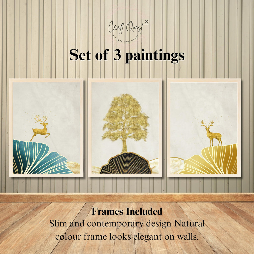 CRAFT QUEST Modern Art Landscape Of Golden Tree & Deer Wall Art | Set of 3 Frames for Home Decoration | Ideal for Living Room, Bedroom & Offices