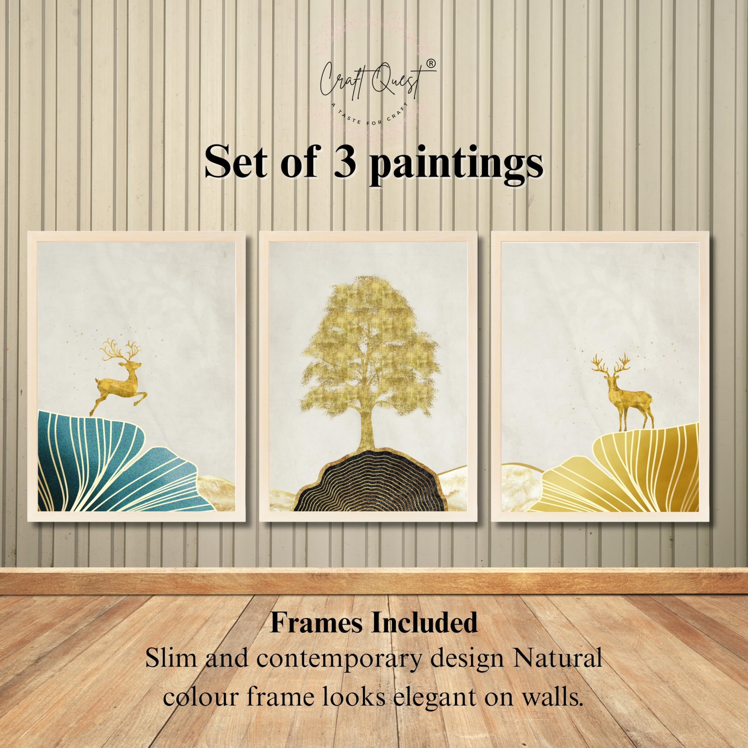 CRAFT QUEST Modern Art Landscape Of Golden Tree & Deer Wall Art | Set of 3 Frames for Home Decoration | Ideal for Living Room, Bedroom & Offices