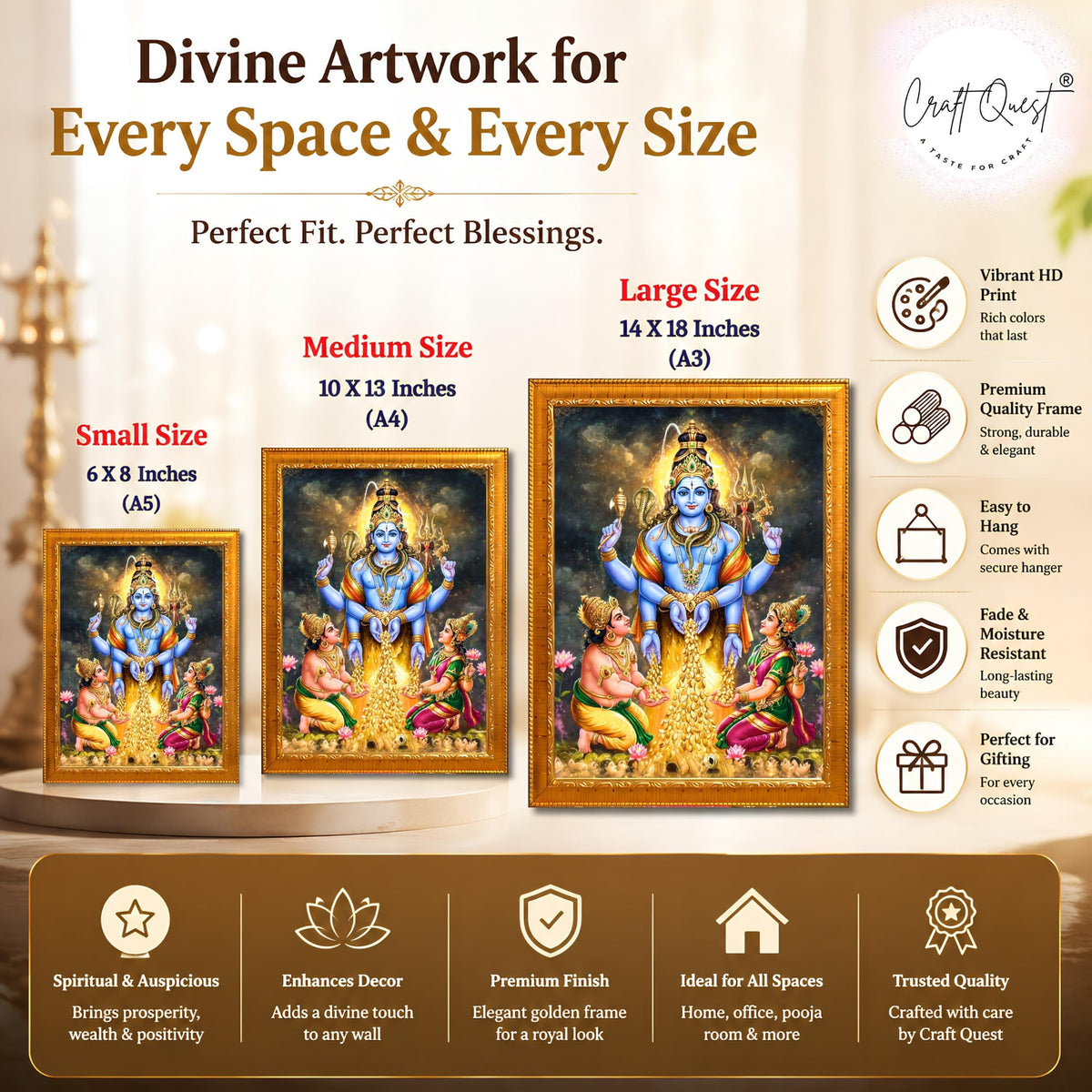 CRAFT QUEST Lord Swarnakarshana Bhairava Swamy With Lakshmi Devi and Kuber Bhagwan Religious Wall Photo Frame |Dhan Bhairav Frame for Home, Office, Temple & Gifting