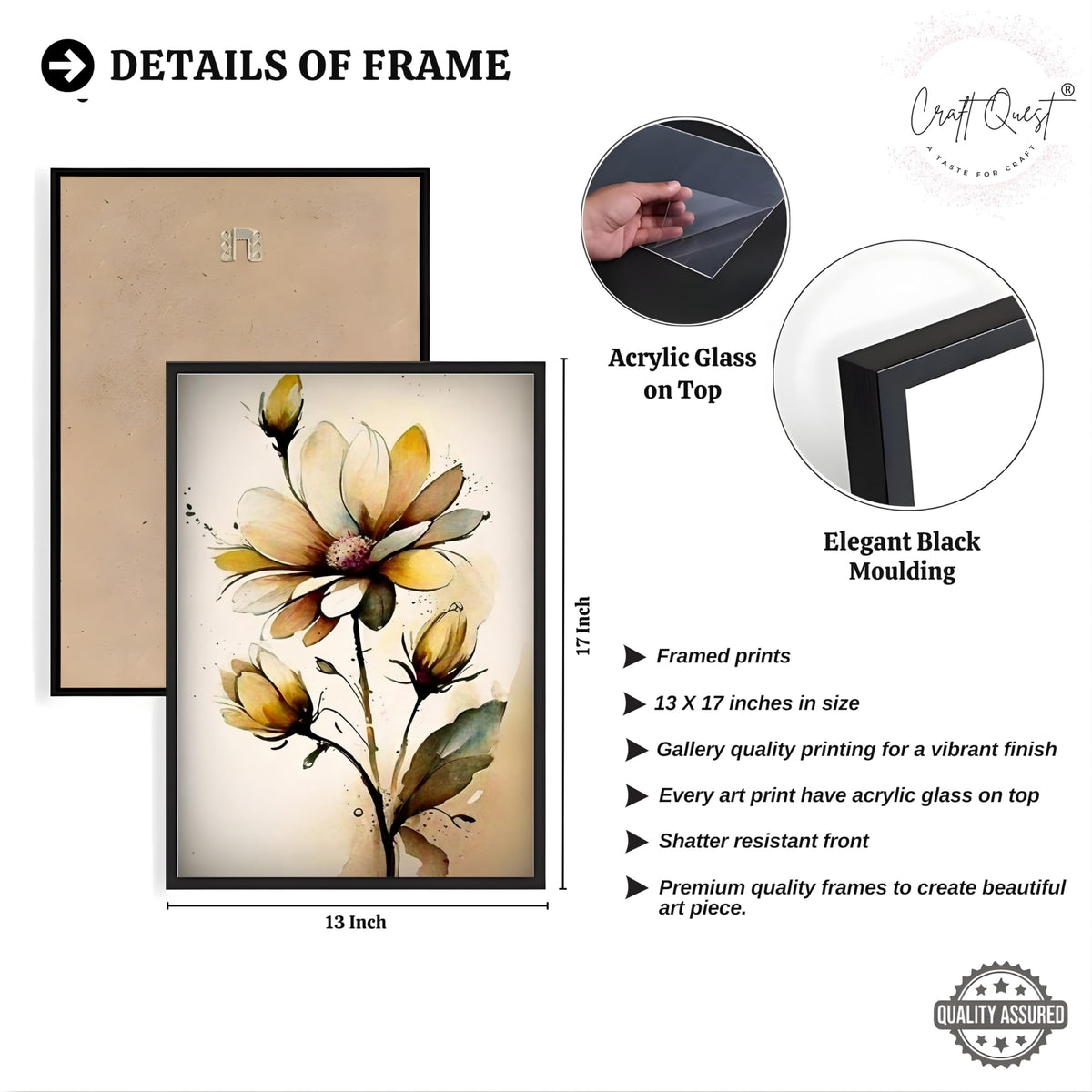 CRAFT QUEST Nature Inspired Triptych Flowers Abstract Wall Art | Set of 3 Frames for Home Decoration | Ideal for Living Room, Bedroom & Office