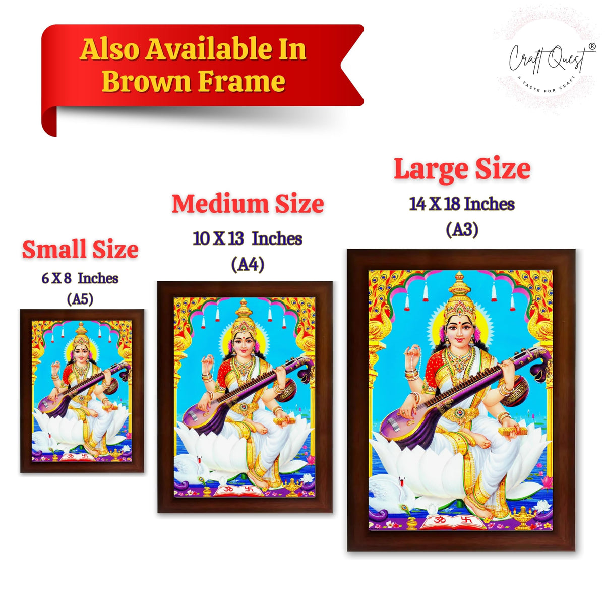 CRAFT QUEST Saraswati Devi Goddess Saraswathi Maa Wall Painting Sparkle Coated Framed Home Décor Synthetic wood Frame
