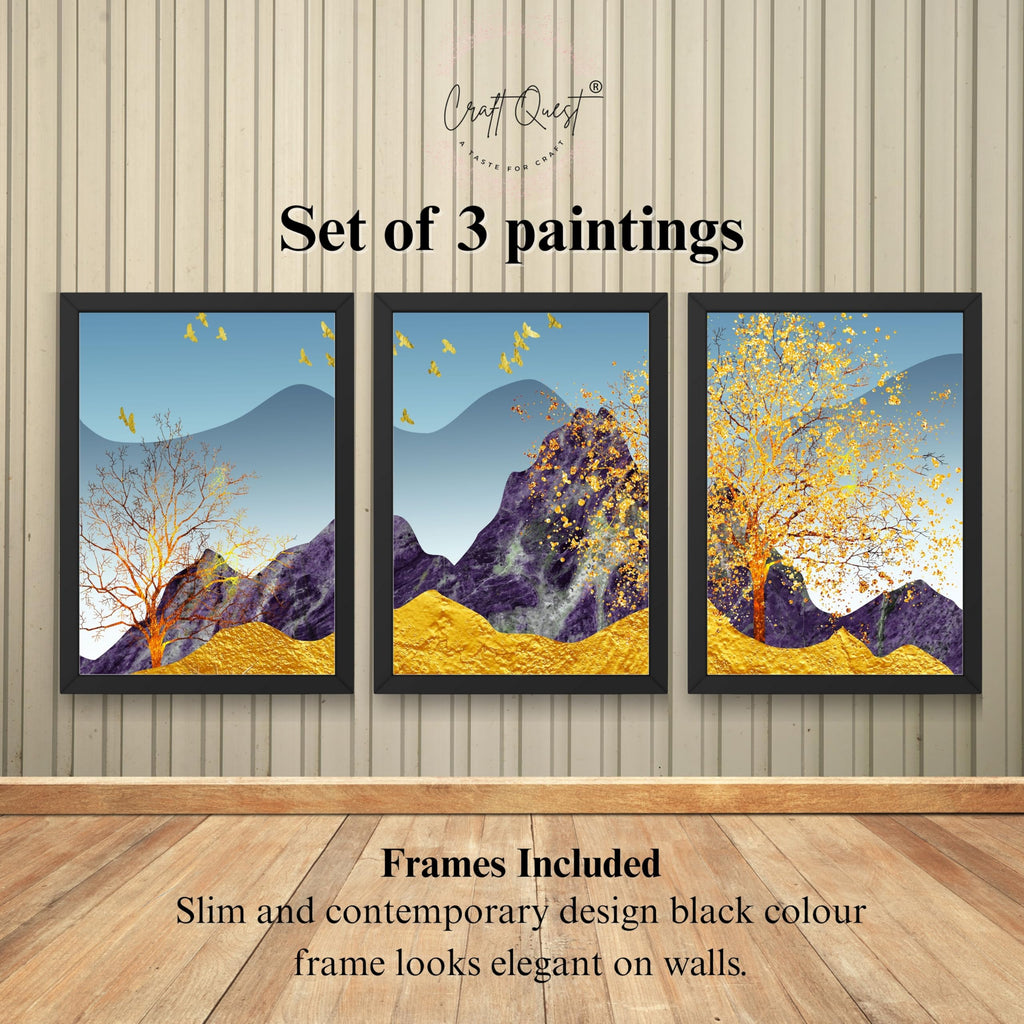 CRAFT QUEST Modern Art Abstract Porch Golden Trees Wall Art | Set of 3 Frames for Home Decoration | Ideal for Living Room, Bedroom & Offices