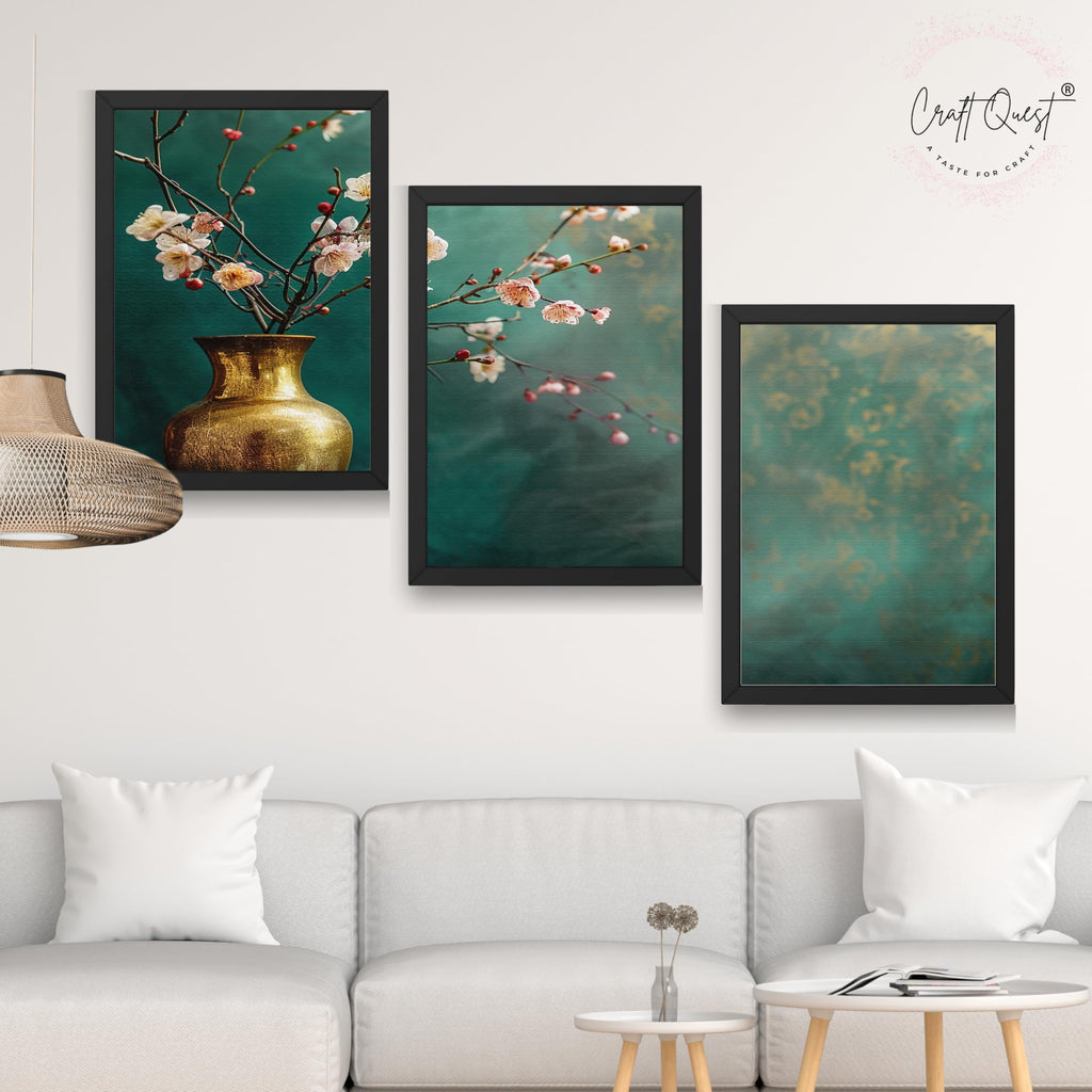 CRAFT QUEST Nature Inspired Flowers In Vase Modern Wall Art | Set of 3 Frames for Home Decoration | Ideal for Living Room, Bedroom & Offices