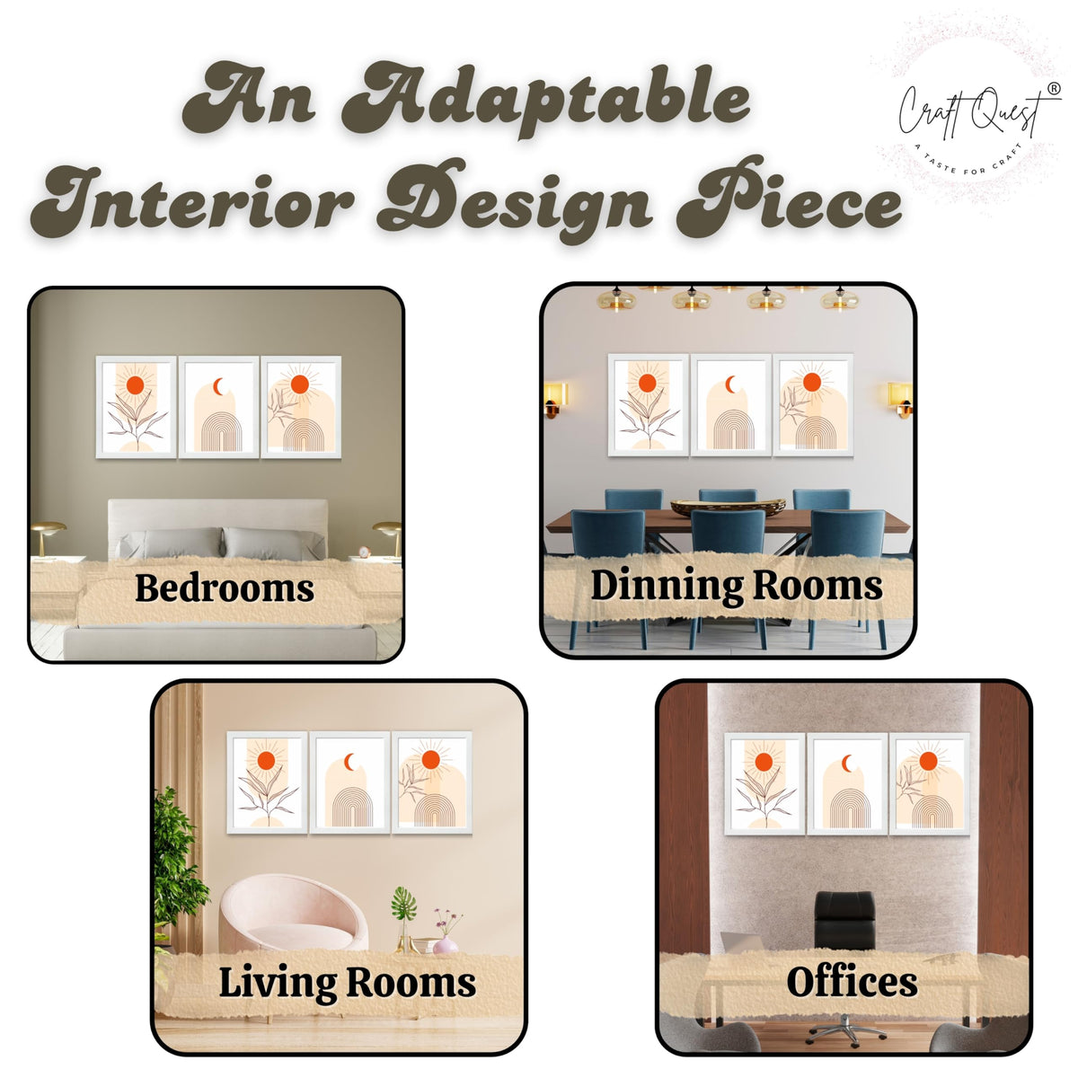 CRAFT QUEST Wall Art Decor Paintings | Set of 3 BOHO Wall Art Frames for Home Decoration | Ideal for Living Room, Bedroom & Office