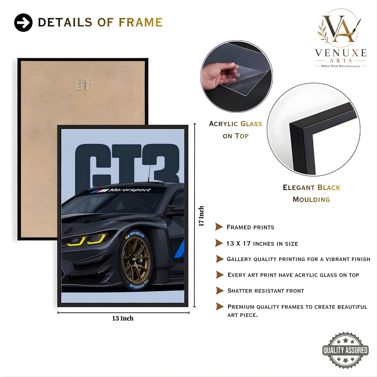 VENUXE ARTS Set Of 3 Big Sports Cars Framed Posters Gift Items for Boys Room Wall Decoration Bedroom Living Room Office Studio Décor | Car Poster Frame for Wall Décor