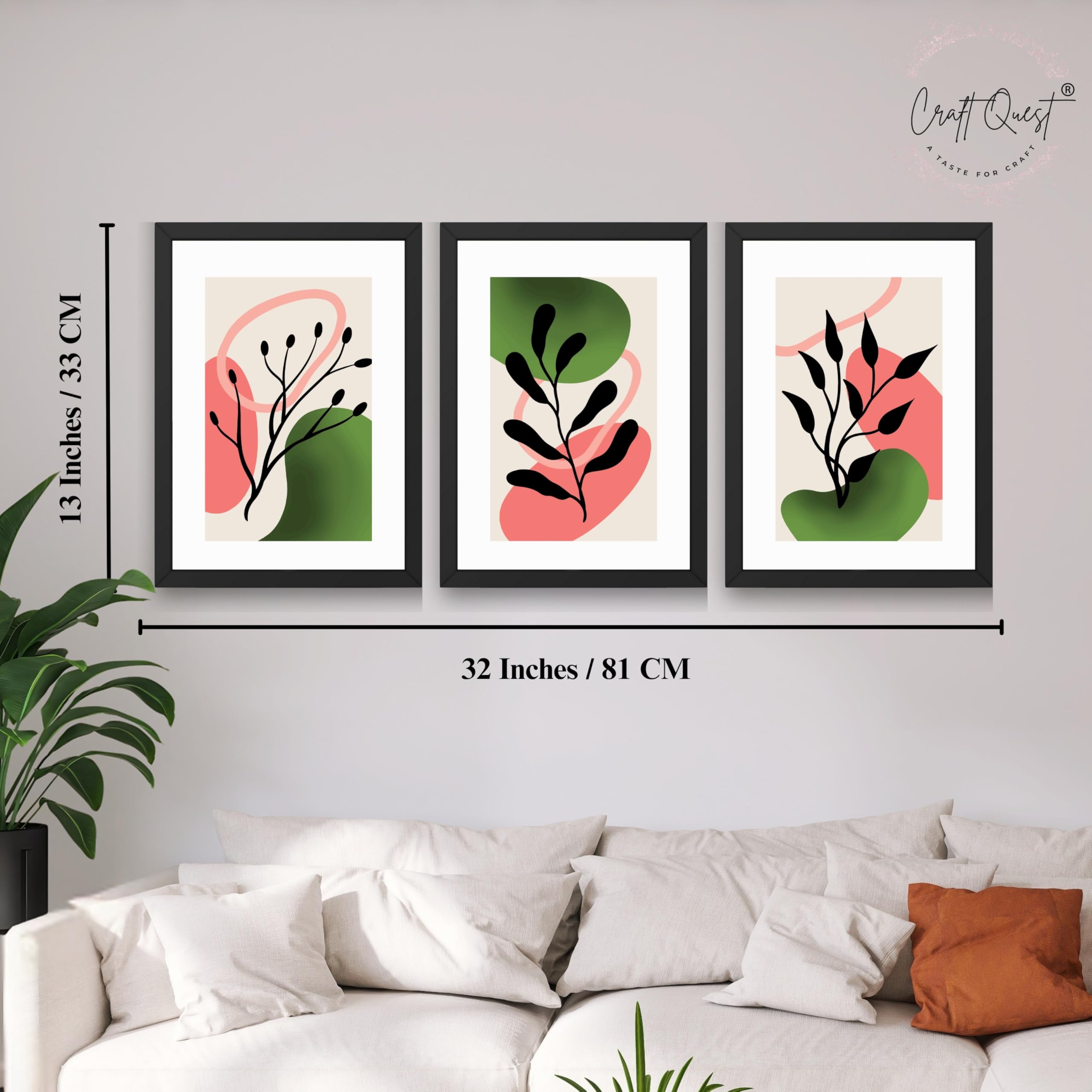 CRAFT QUEST Nature Inspired Abstract Shape & Leaf Wall Art | Set of 3 Frames for Home Decoration | Ideal for Living Room, Bedroom & Offices