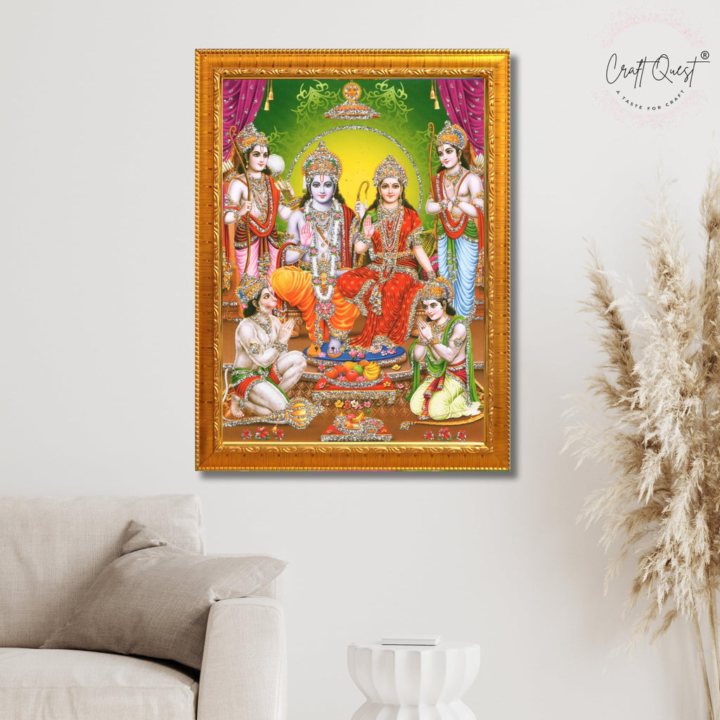 CRAFT QUEST Ram Darbar Lord Shri Rama Sita Parivar Family Wall Painting Framed Home and Pooja Decor