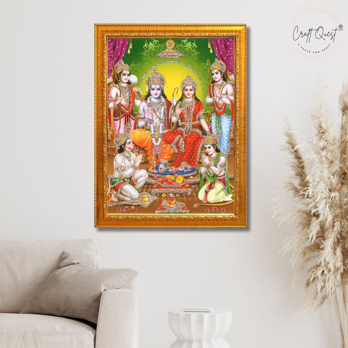 CRAFT QUEST Ram Darbar Lord Shri Rama Sita Parivar Family Wall Painting Framed Home and Pooja Decor