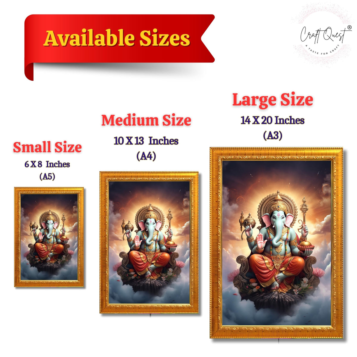 CRAFT QUEST God Ganesha Ganpati ji Photo Frame Wall Decor Mandir Pooja Poster Religious Painting Divine Hindu Temple Decoration Spiritual Blessings Home Office Gift