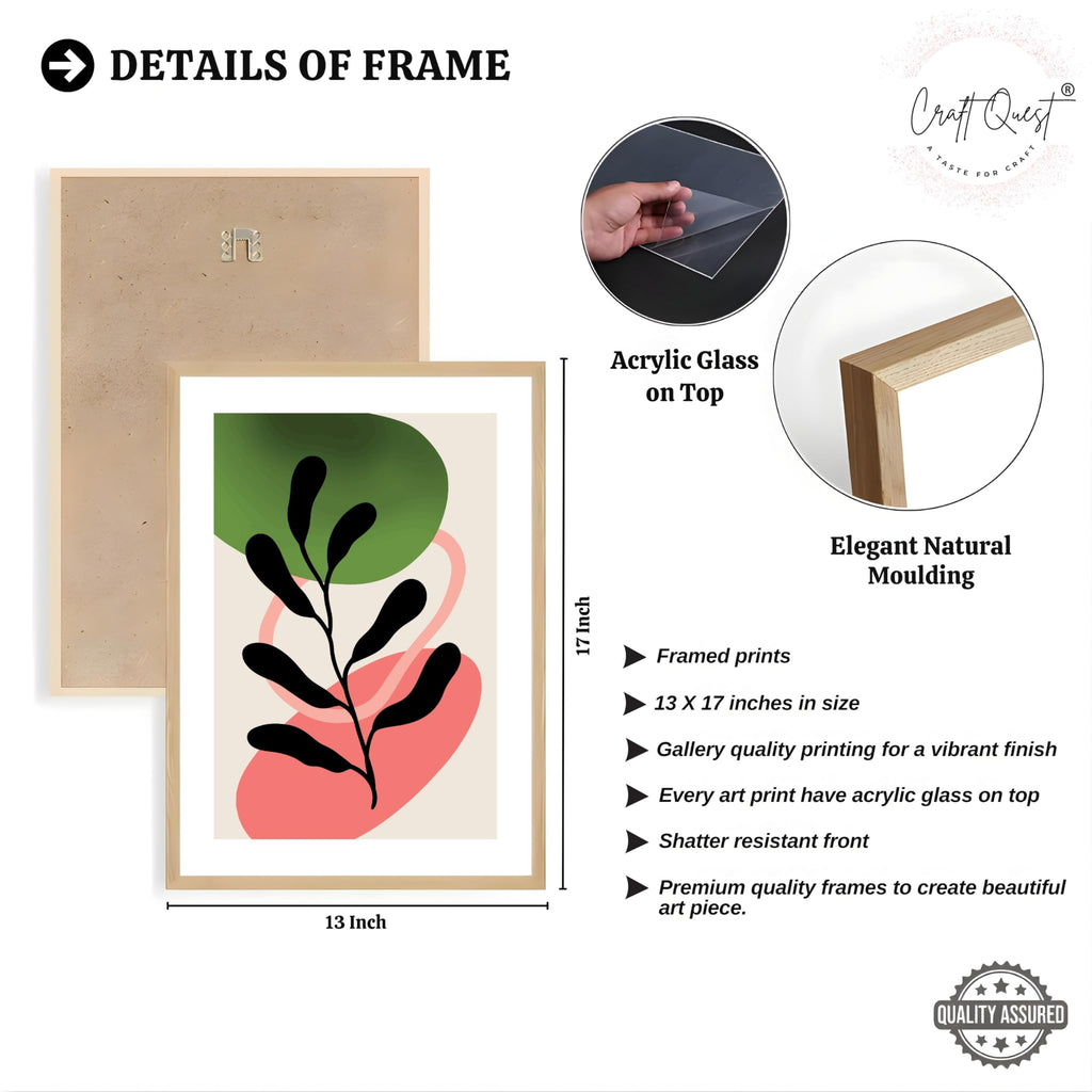 CRAFT QUEST Nature Inspired Abstract Shape & Leaf Wall Art | Set of 3 Frames for Home Decoration | Ideal for Living Room, Bedroom & Offices