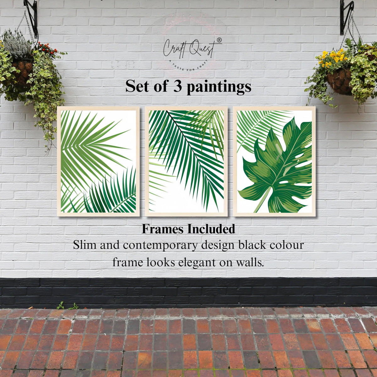 CRAFT QUEST Nature Inspired Tropical Palm Leaf Modern Wall Art | Set of 3 Frames for Home Decoration | Ideal for Living Room, Bedroom & Offices