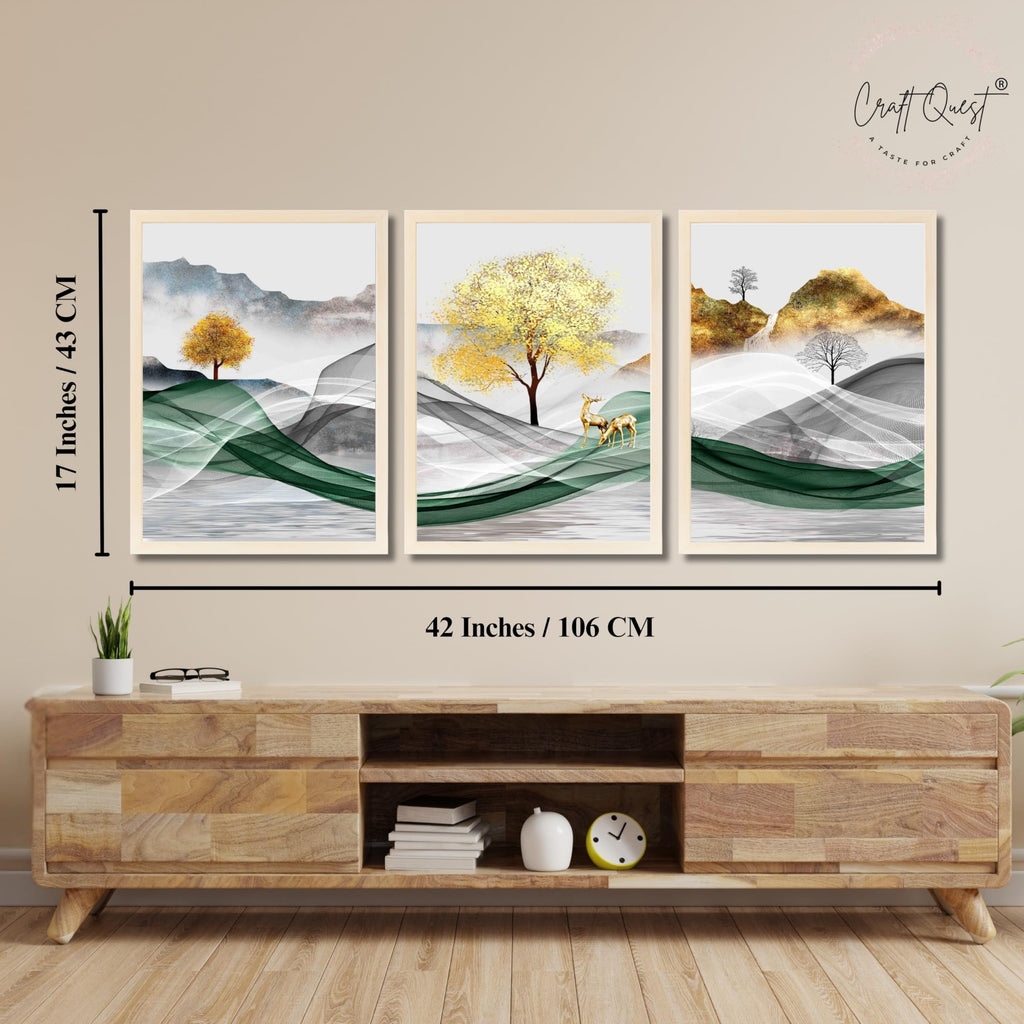 CRAFT QUEST Modern Art Landscapes Abstract Of Moose Golden Mural Wall Art | Set of 3 Frames for Home Decoration | Ideal for Living Room, Bedroom & Offices