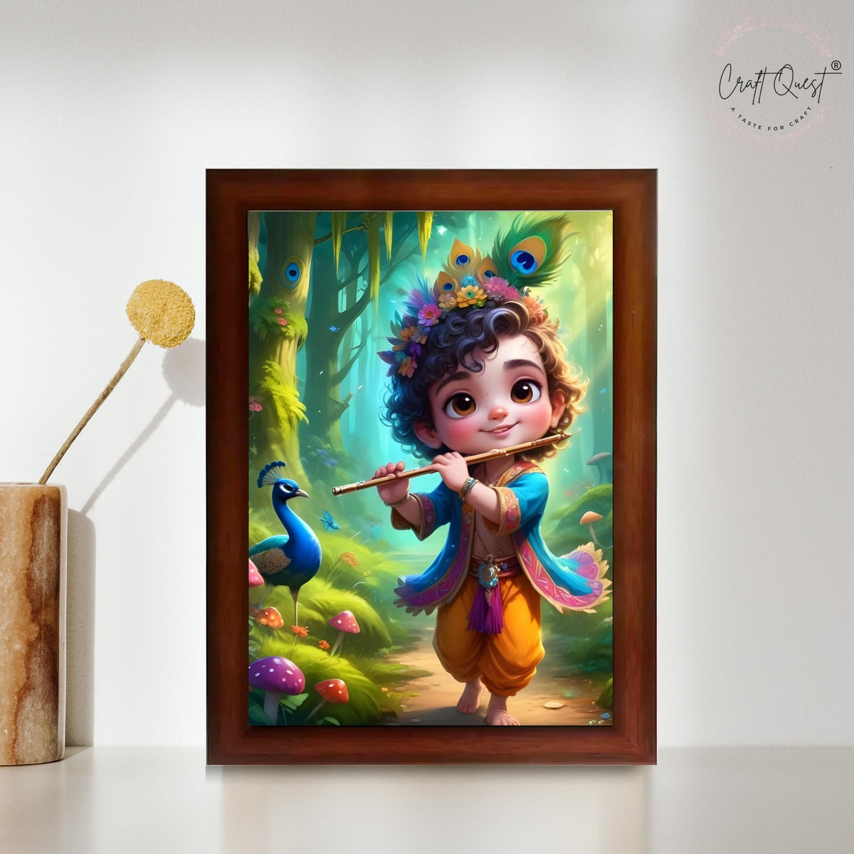 CRAFT QUEST Cute Little Krishna Frame | Bal Gopal HD Painting | Home Temple, Office Desk, Wall Décor Item