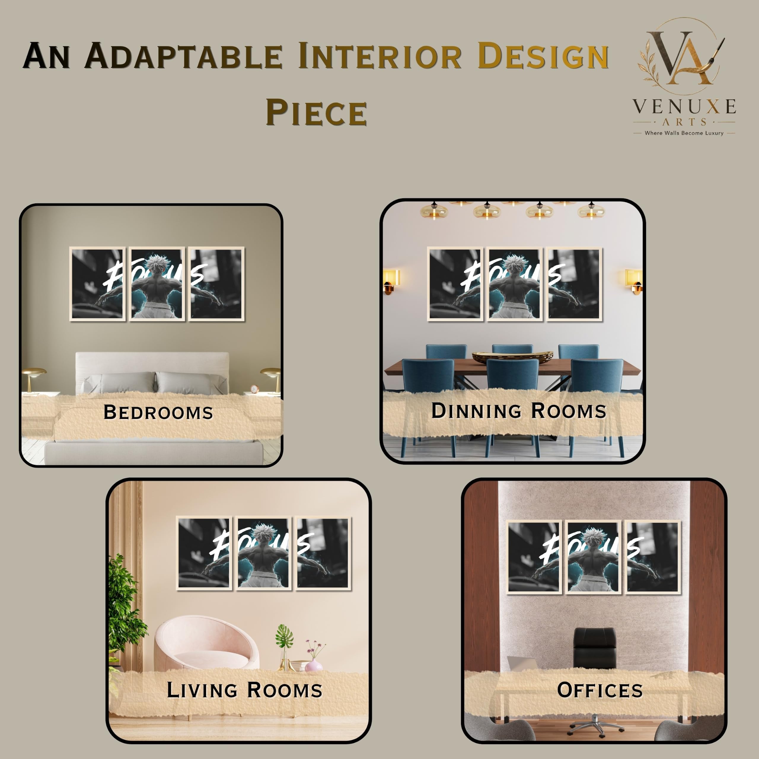 VENUXE ARTS Set Of 3 Anime Characters Wall Framed |Anime Characters Framed Poster for Living Room Bedroom Gaming Room Studio Wall Decor