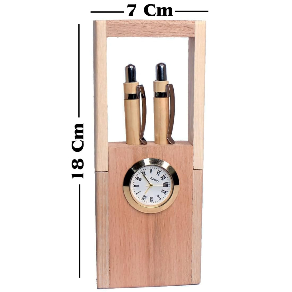 Craft Quest Penholder with Clock Wooden Dual Pen Holder with 2 Wooden-Pens and Table Clock for Office Table/Study Table