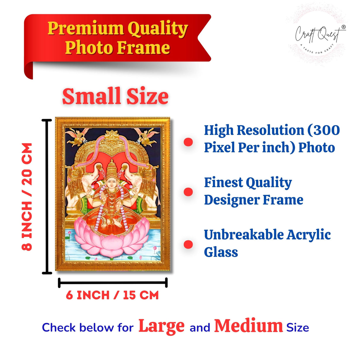 CRAFT QUEST Goddess Lakshmi Maa Vaibhav Laxmi Wall Painting Photo Framed | Acrylic Glass, Lightweight | Ideal for Home, Office, Temple & Puja Room, Wall Decor