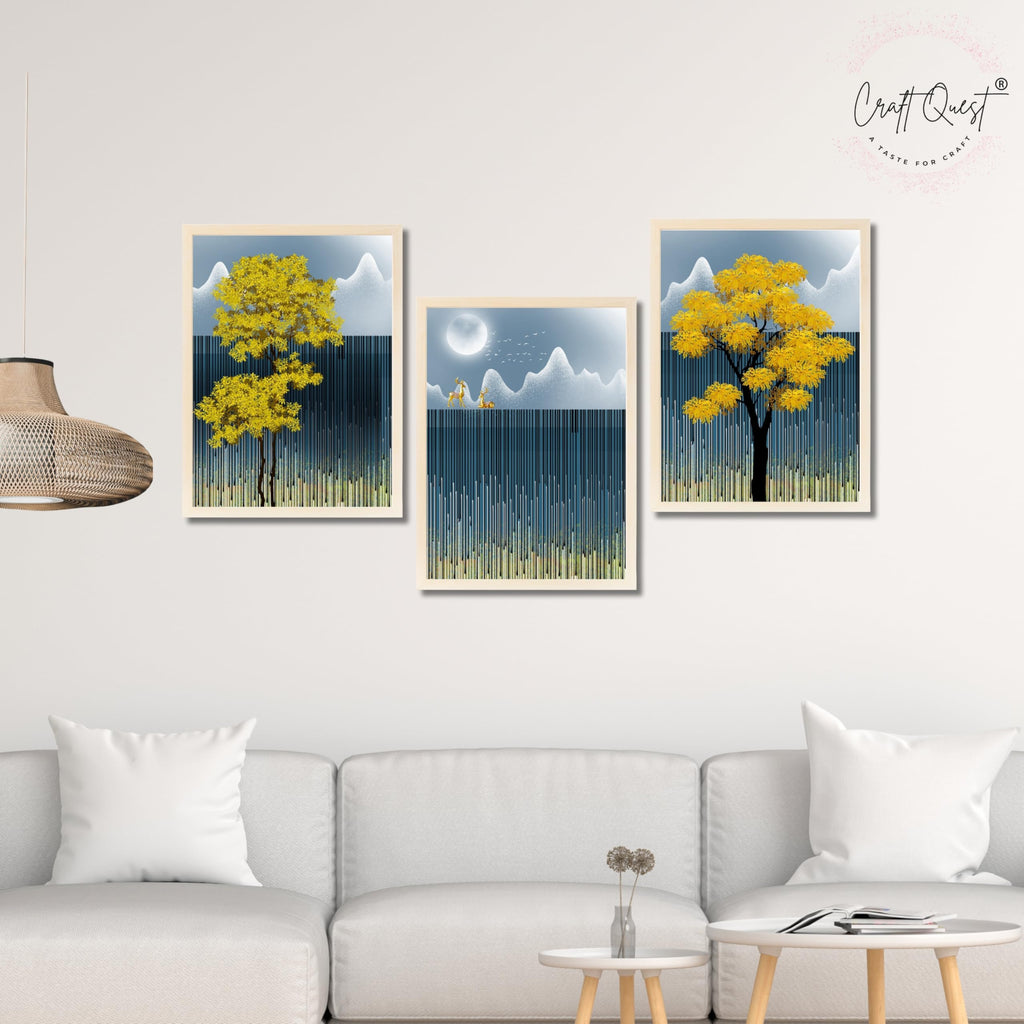 CRAFT QUEST Modern Abstract Blue Landscape Art | Set of 3 Frames for Home Decoration | Ideal for Living Room, Bedroom & Offices