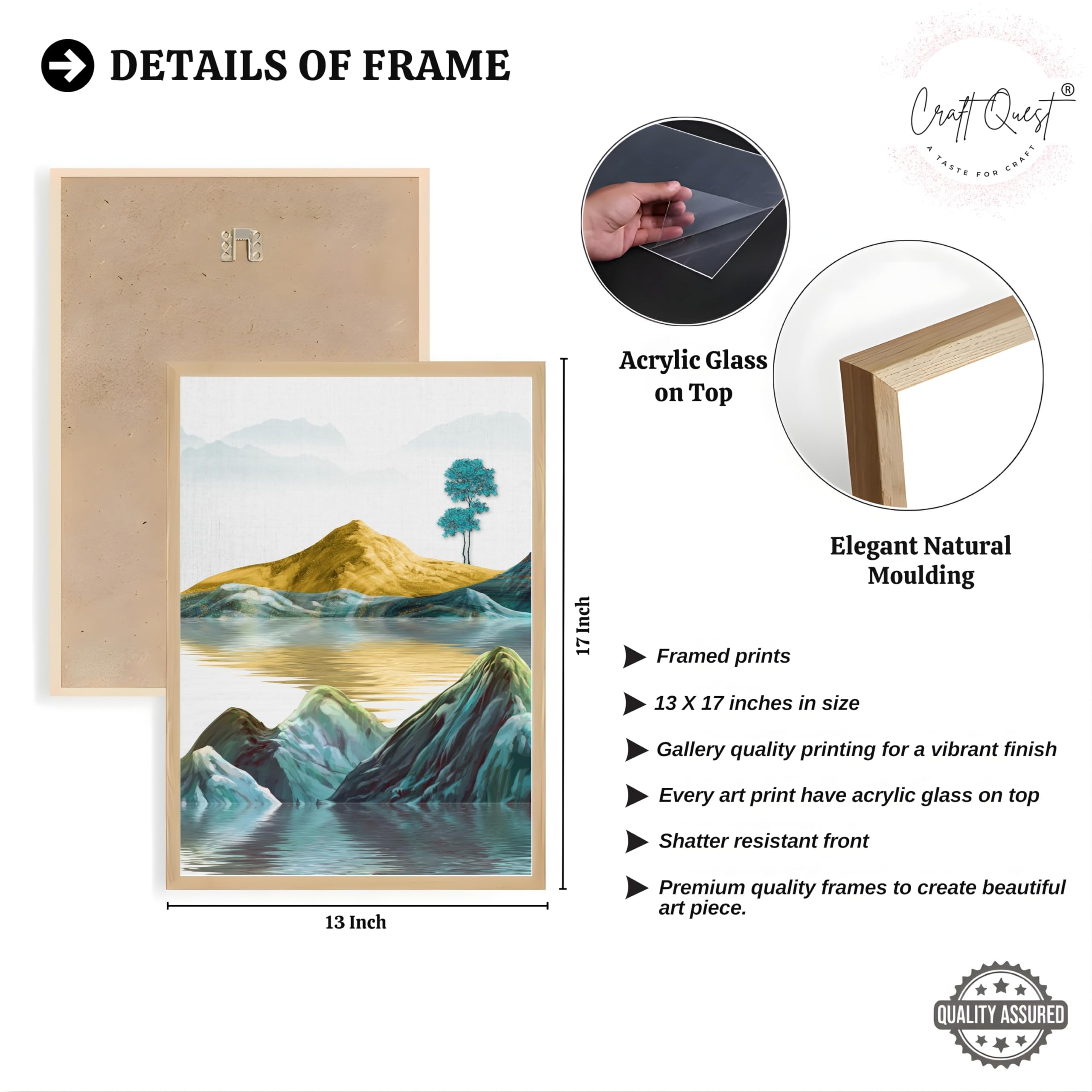 CRAFT QUEST Modern Art Abstract Geometric Gold Lines Wall Art | Set of 3 Frames for Home Decoration | Ideal for Living Room, Bedroom & Offices