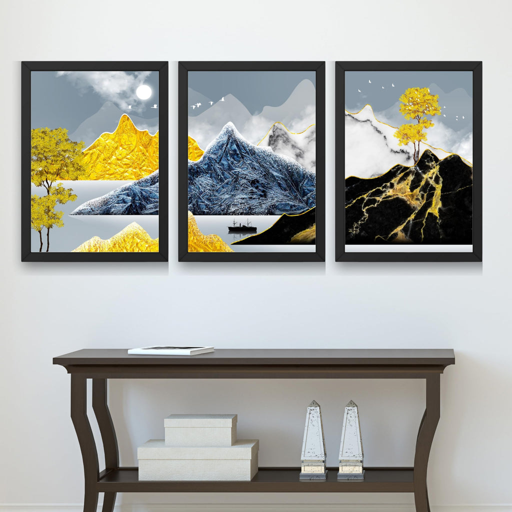 CRAFT QUEST Modern Art Abstract Ink Landscape Wall Art | Set of 3 Frames for Home Decoration | Ideal for Living Room, Bedroom & Offices