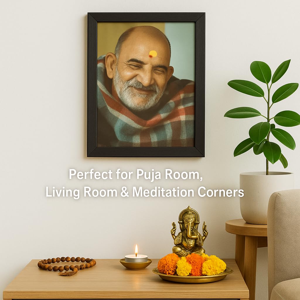 Great More wood Neem Karoli Baba Photo Frame, Medium Size, Tabletop or Wall Mount, Graceful Smile Image-5x7 inch-103, Rectangular, Black