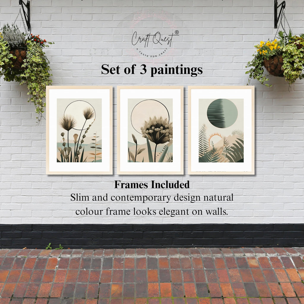 CRAFT QUEST Boho Abstract Flowers & Leaves | Set of 3 Frames for Home Decoration | Ideal for Living Room, Bedroom & Offices
