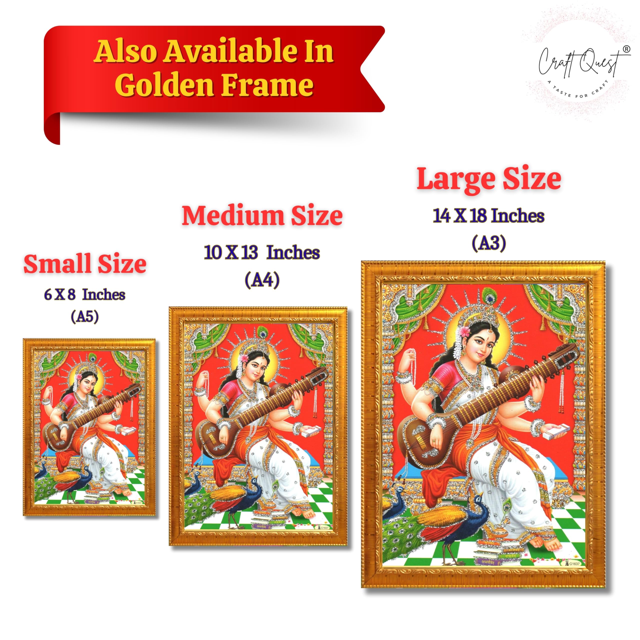 CRAFT QUEST Saraswati Devi Goddess Saraswati Maa Wall Painting Framed Home Decor wooden frame