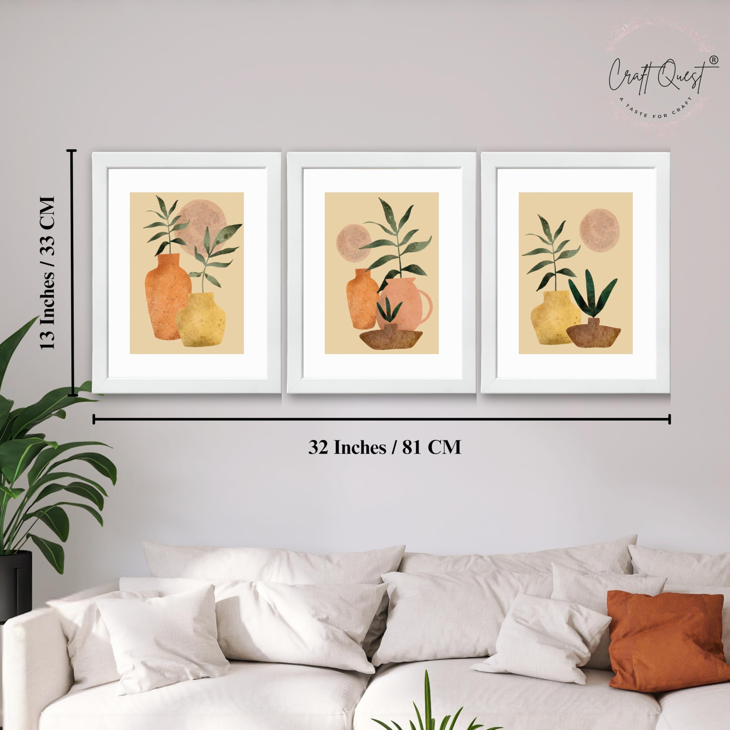 CRAFT QUEST Wall Art Decor Paintings | Set of 3 BOHO Wall Art Frames for Home Decoration | Ideal for Living Room, Bedroom & Office