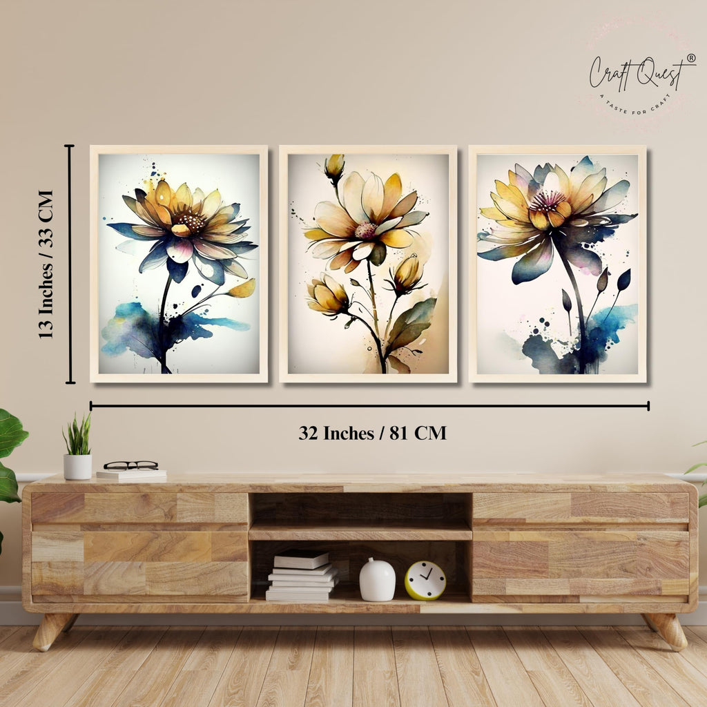 CRAFT QUEST Nature Inspired Triptych Flowers Abstract Wall Art | Set of 3 Frames for Home Decoration | Ideal for Living Room, Bedroom & Office
