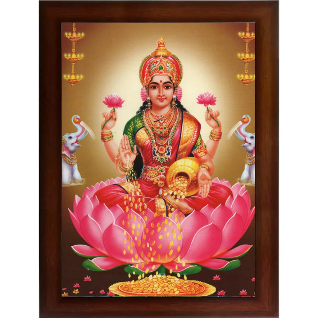 CRAFT QUEST Goddess Lakshmi Devi Dhana Vaibhav Laxmi Maa Wall Painting Framed Home Decor (Wood, Matte, Brown, Small Size, 14 X 10 Inch)