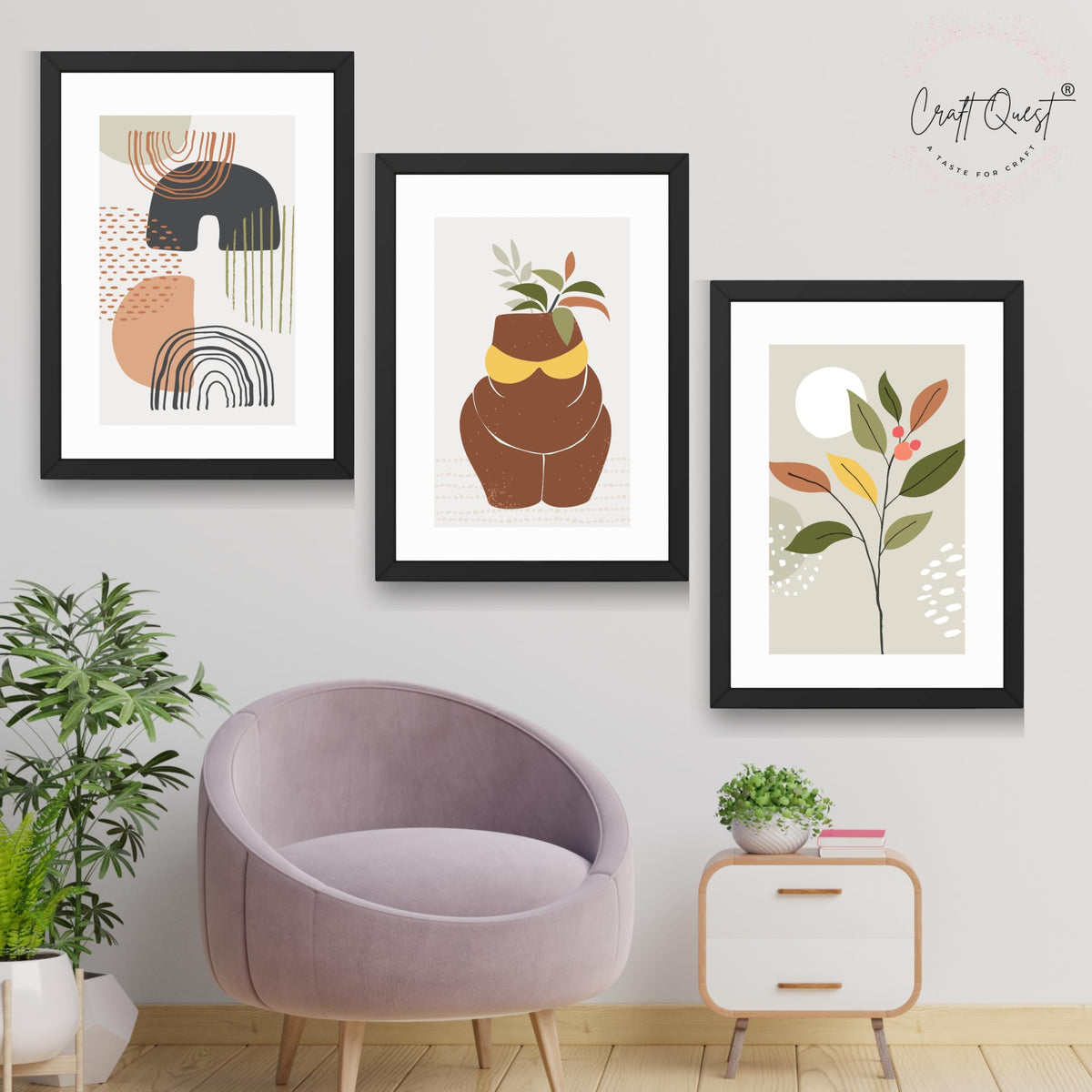 CRAFT QUEST Abstract Minimalist Art Modern Design | Set of 3 Frames for Home Decoration | Ideal for Living Room, Bedroom & Offices
