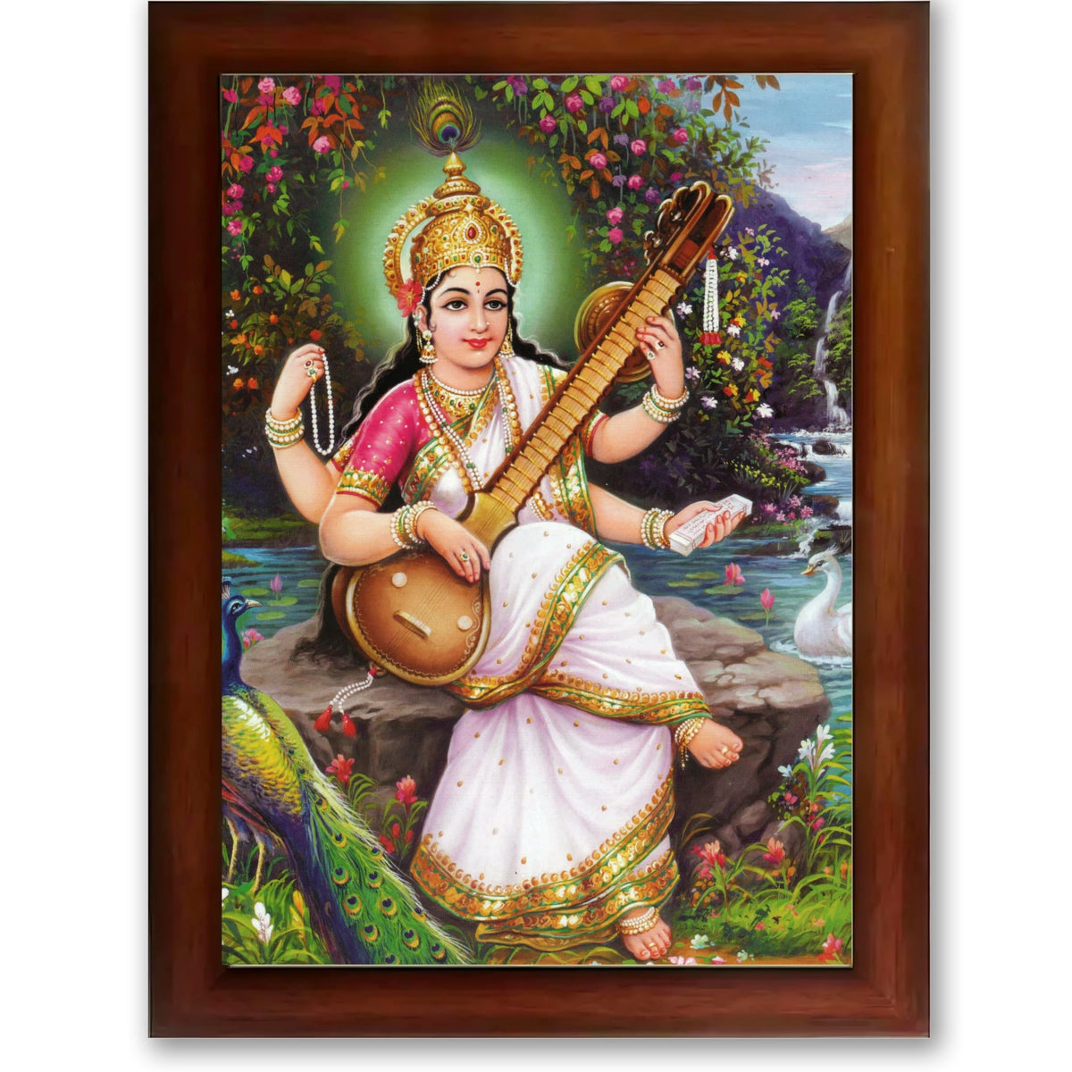 CRAFT QUEST Saraswati Devi Goddess Saraswathi Maa Wall Painting Framed Home Décor Synthetic wooden Framed