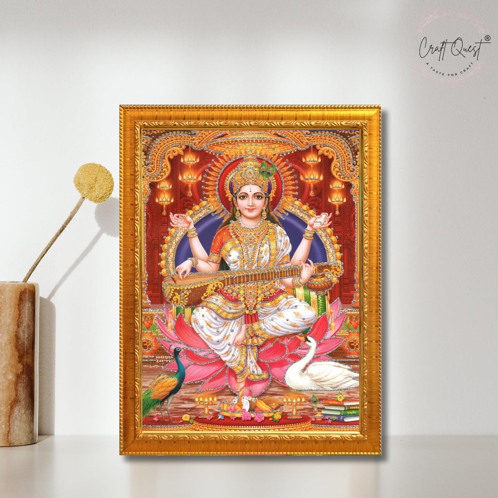 CRAFT QUEST Saraswati Devi Goddess Saraswati Maa Wall Painting Framed Home Decor wooden framed