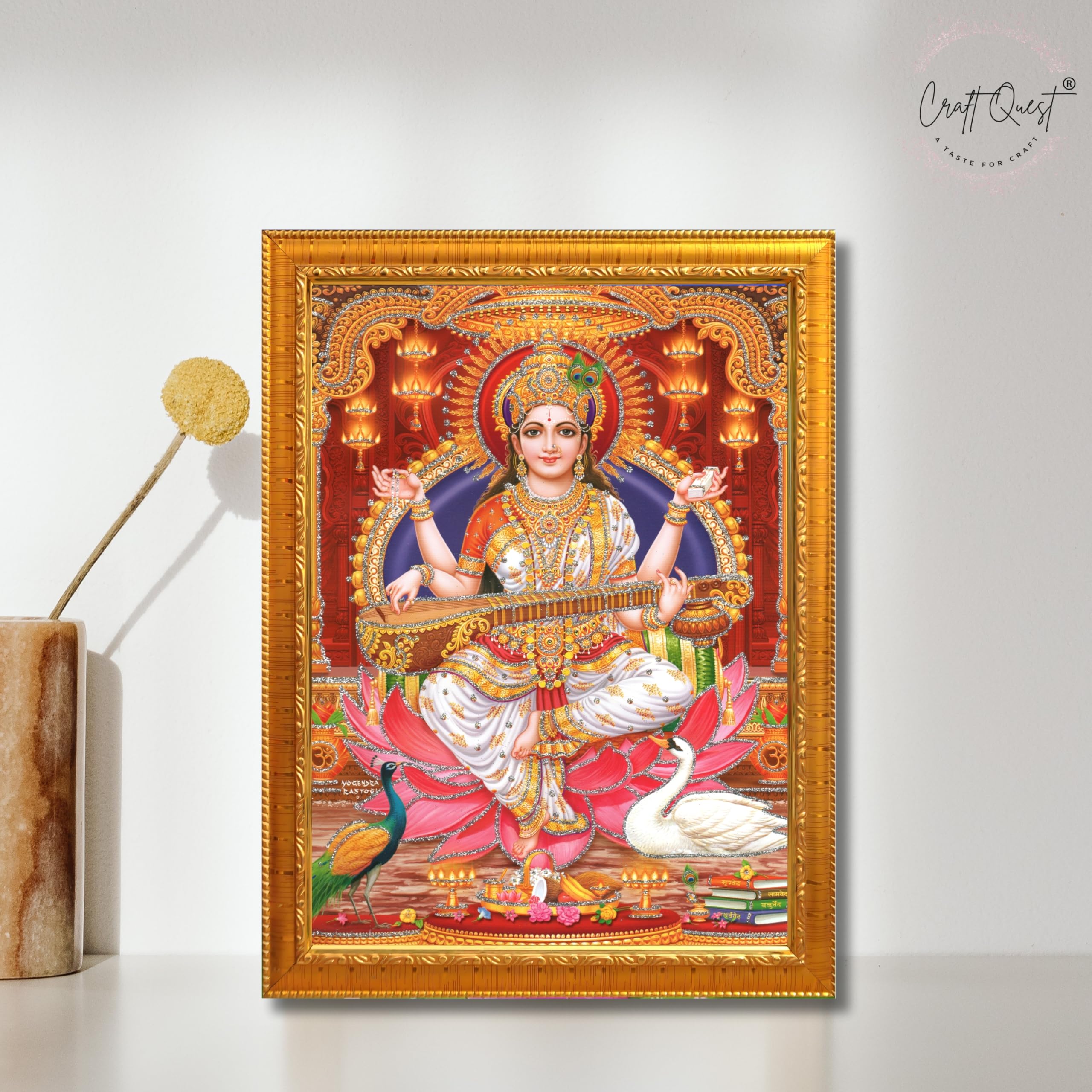 CRAFT QUEST Saraswati Devi Goddess Saraswati Maa Wall Painting Framed Home Decor wooden framed