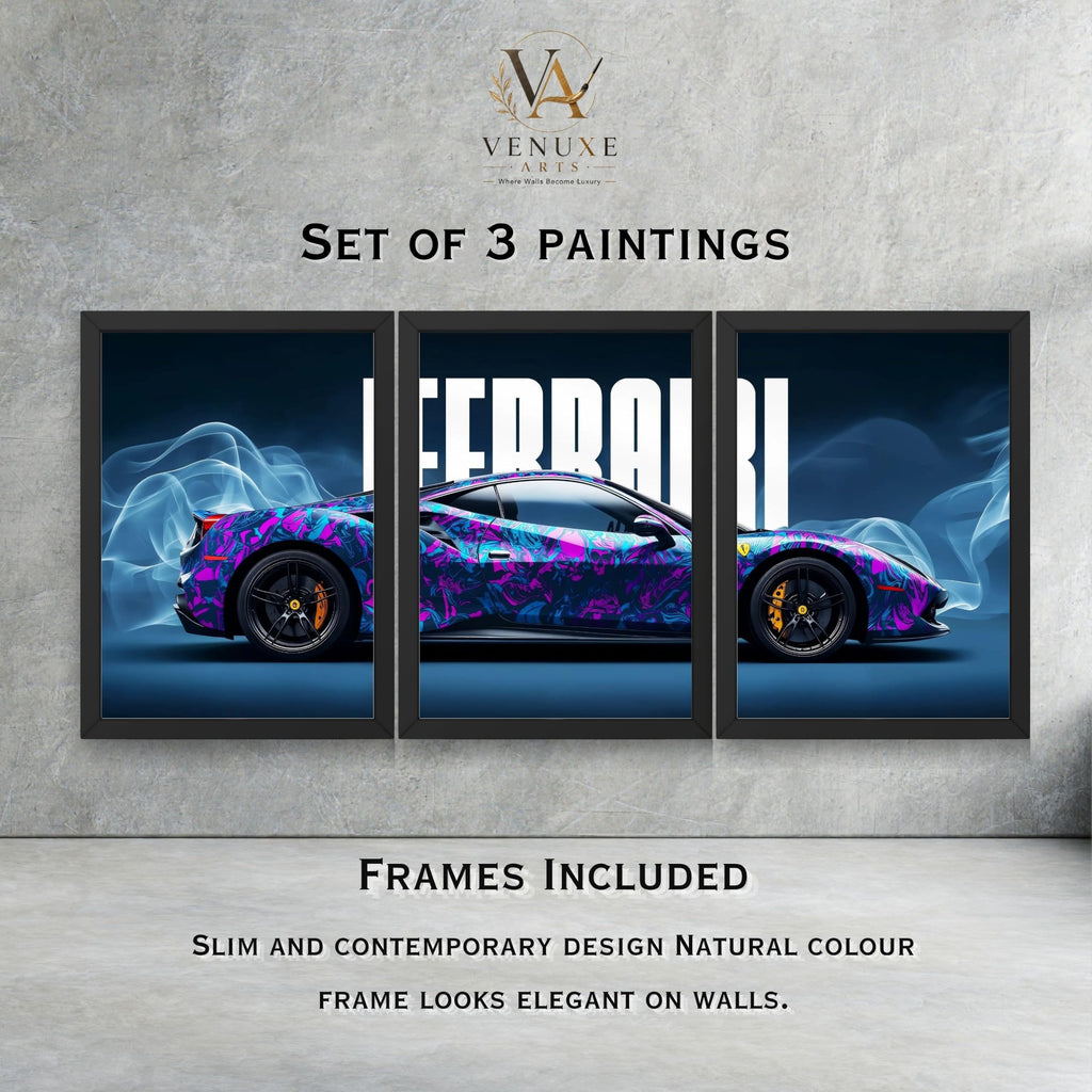 VENUXE ARTS Set Of 3 Big Sports Cars Framed Posters Gift Items for Boys Room Wall Decoration Bedroom Living Room Office Studio Décor | Car Poster Frame for Wall Décor
