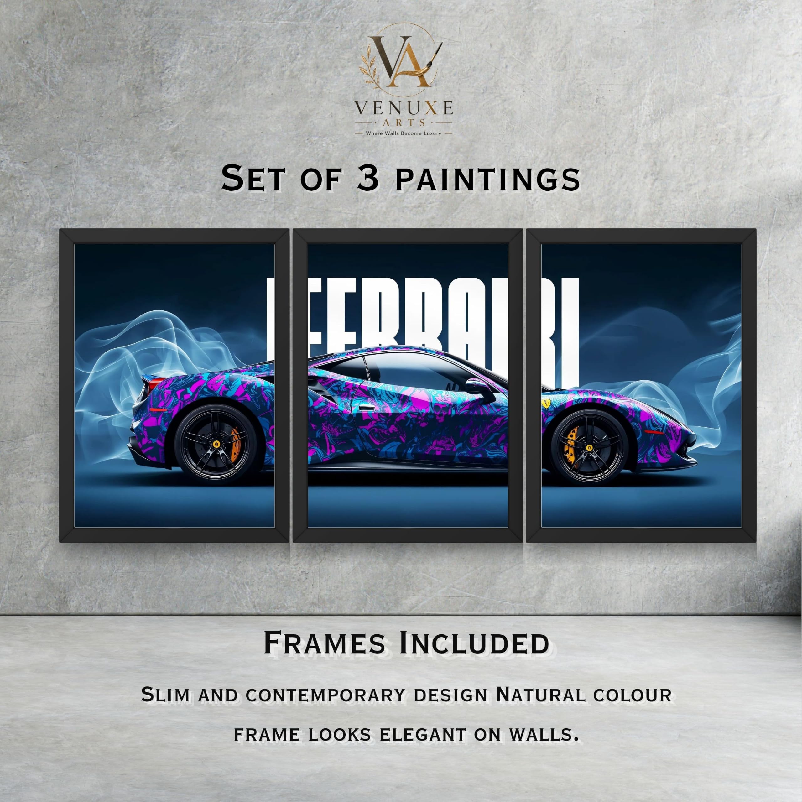 VENUXE ARTS Set Of 3 Big Sports Cars Framed Posters Gift Items for Boys Room Wall Decoration Bedroom Living Room Office Studio Décor | Car Poster Frame for Wall Décor