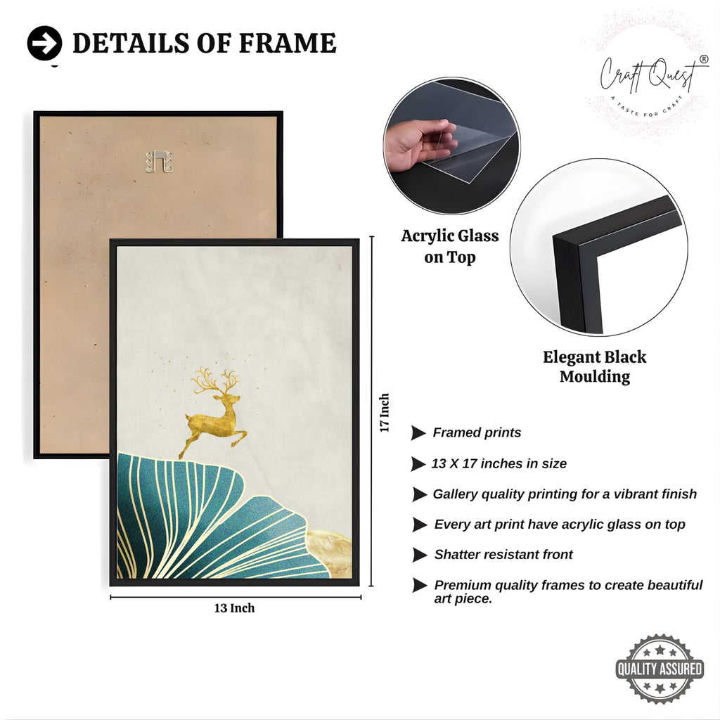 CRAFT QUEST Modern Art Landscape Of Golden Tree & Deer Wall Art | Set of 3 Frames for Home Decoration | Ideal for Living Room, Bedroom & Offices