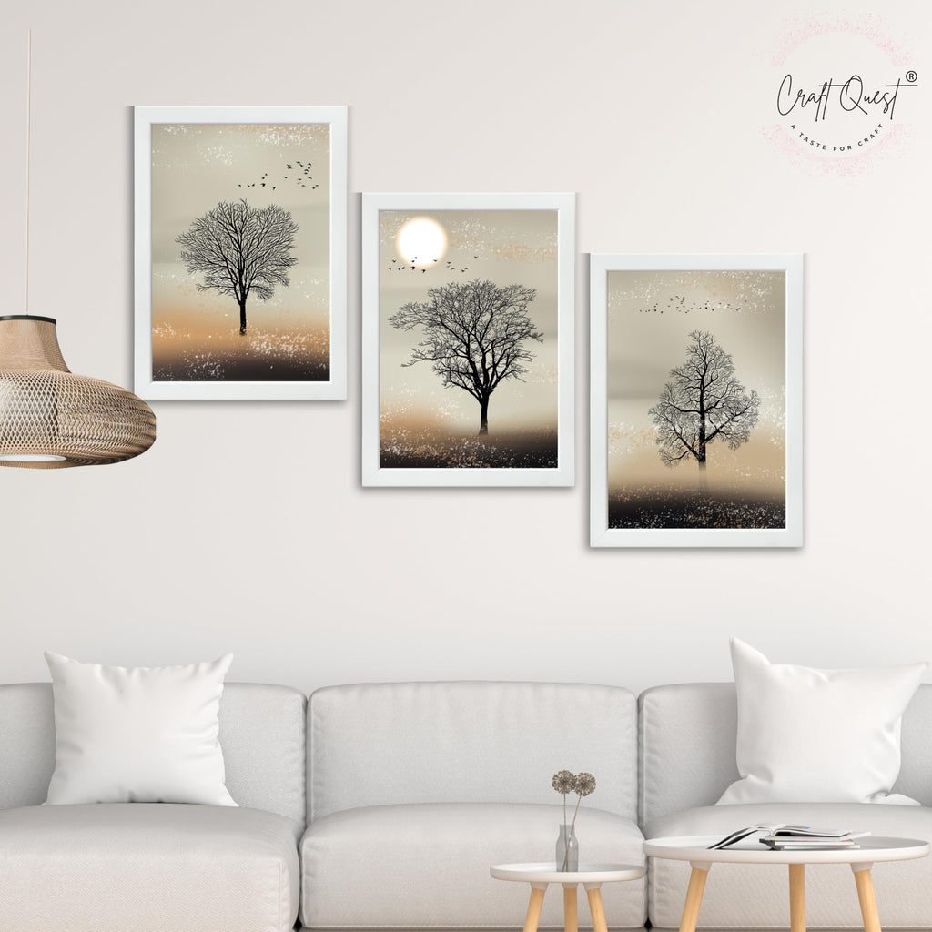 CRAFT QUEST Nature Inspired Landscape With Black Trees Modern Wall Art | Set of 3 Frames for Home Decoration | Ideal for Living Room, Bedroom & Office