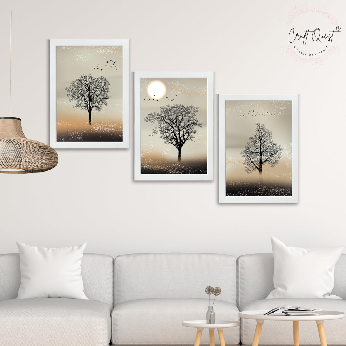 CRAFT QUEST Nature Inspired Landscape With Black Trees Modern Wall Art | Set of 3 Frames for Home Decoration | Ideal for Living Room, Bedroom & Office