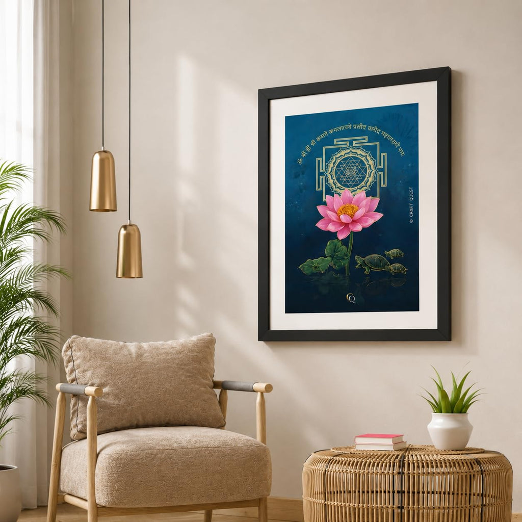 CRAFT QUEST White lotus painting for wall vastu with Shree Yantra and tortoise – Vastu Energy Poster for Prosperity, Money Flow & Stability Photo Frame for Home, Office