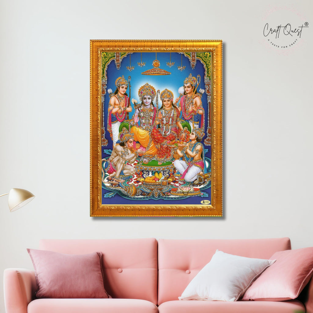 CRAFT QUEST Ram Darbar Lord Shri Ram Ji Sita Mata Parivar Family Wall Painting Framed Home and Pooja Decor