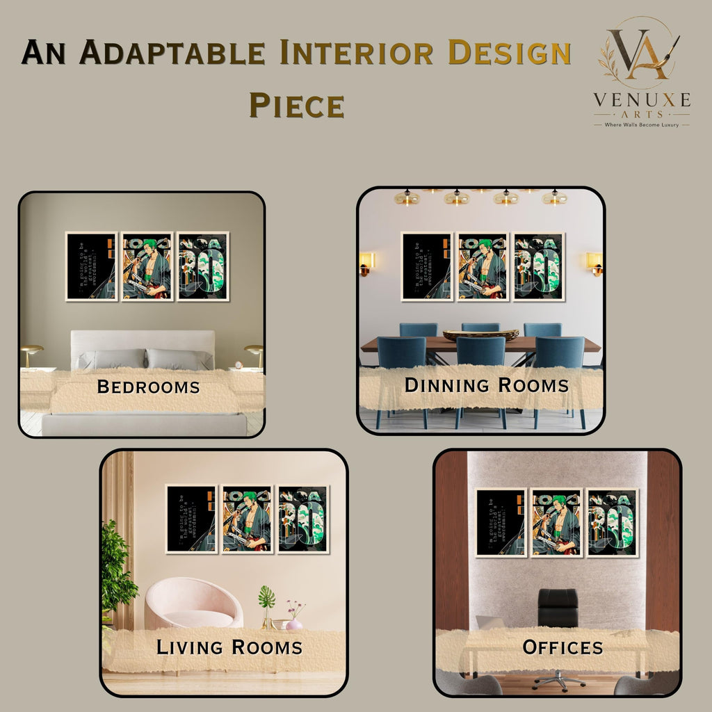 VENUXE ARTS Set Of 3 Anime Characters Wall Framed |Anime Characters Framed Poster for Living Room Bedroom Gaming Room Studio Wall Decor