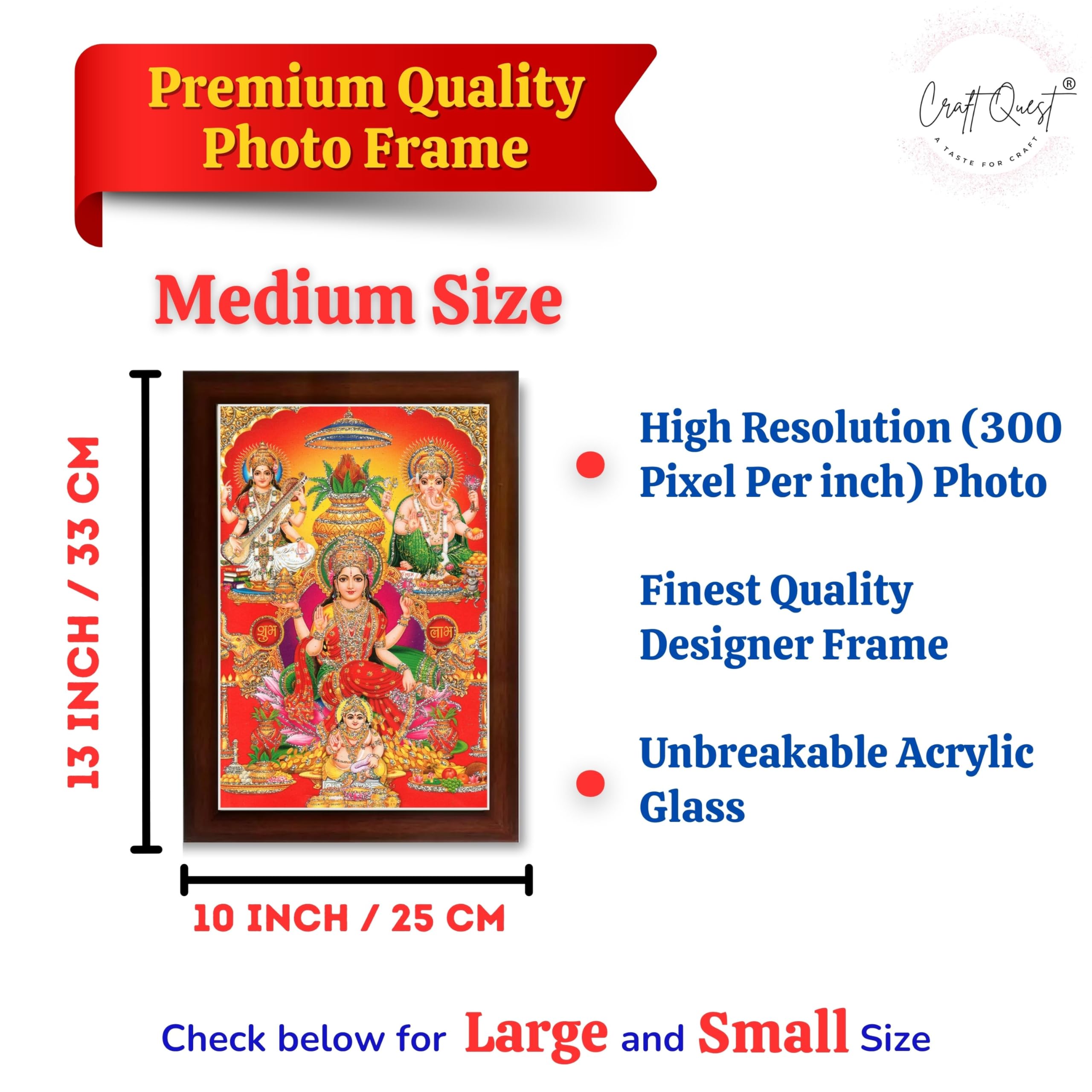 CRAFT QUEST Lord Laxmi Ganesh Saraswati Ji Religious Hindu Photo Frame for Wall, Table, Office, Temple, Pooja, Living Room and Home Decor Item