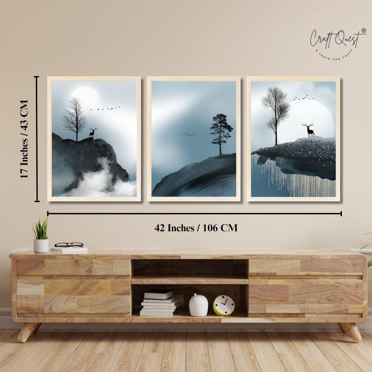 CRAFT QUEST Modern Art Geometric Ink Abstract Wall Art | Set of 3 Frames for Home Decoration | Ideal for Living Room, Bedroom & Offices