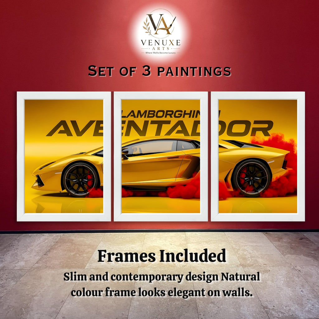 VENUXE ARTS Set Of 3 Big Sports Cars Framed Posters Gift Items for Boys Room Wall Decoration Bedroom, Living Room, Office, Studio Décor | Car Poster Frame for Wall Décor