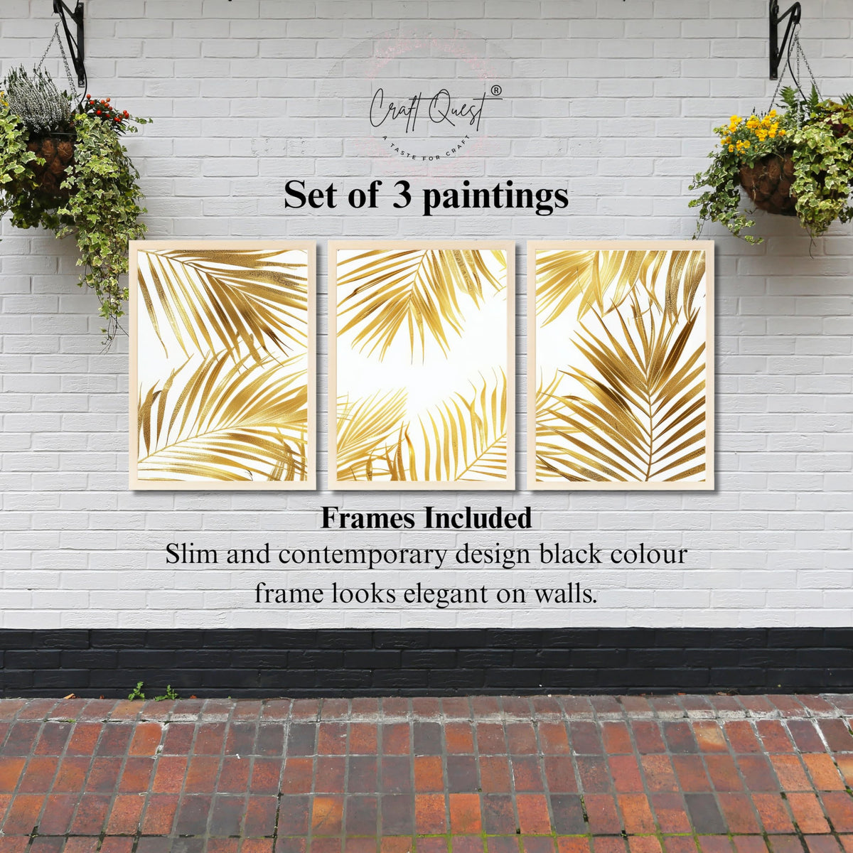 CRAFT QUEST Nature Inspired Abstract Plants Geometry Wall Art | Set of 3 Frames for Home Decoration | Ideal for Living Room, Bedroom & Offices