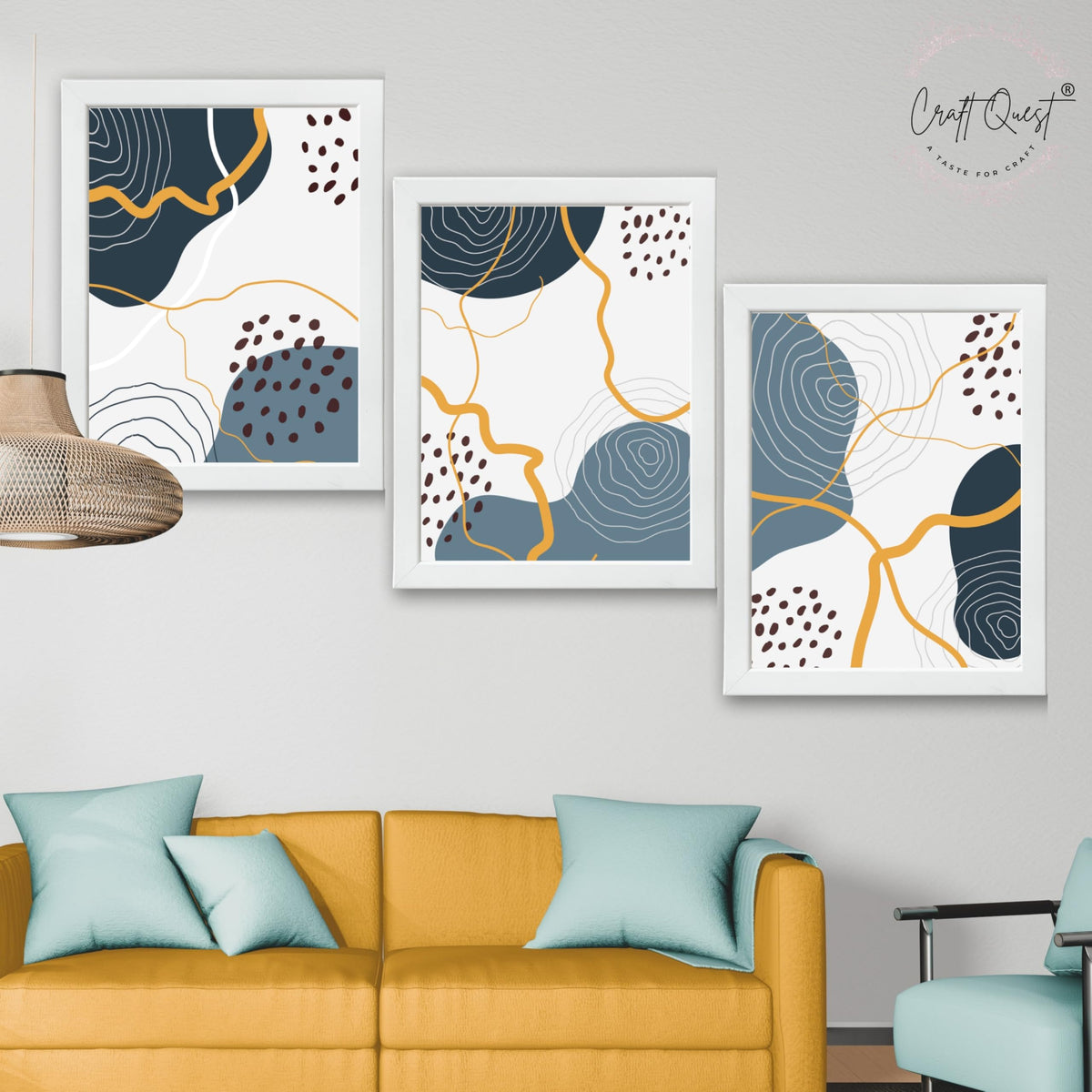 CRAFT QUEST Abstract Modern Shapes Wall Art | Set of 3 Frames for Home Decoration | Ideal for Living Room, Bedroom & Offices