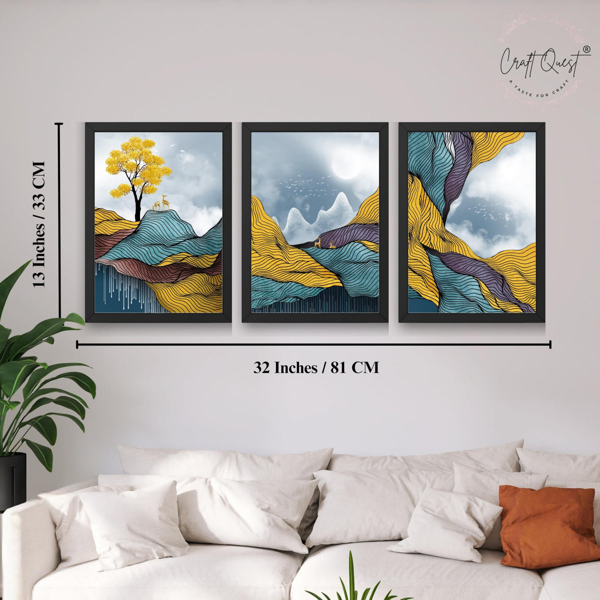 CRAFT QUEST Modern Abstract Landscape Art | Set of 3 Frames for Home Decoration | Ideal for Living Room, Bedroom & Offices
