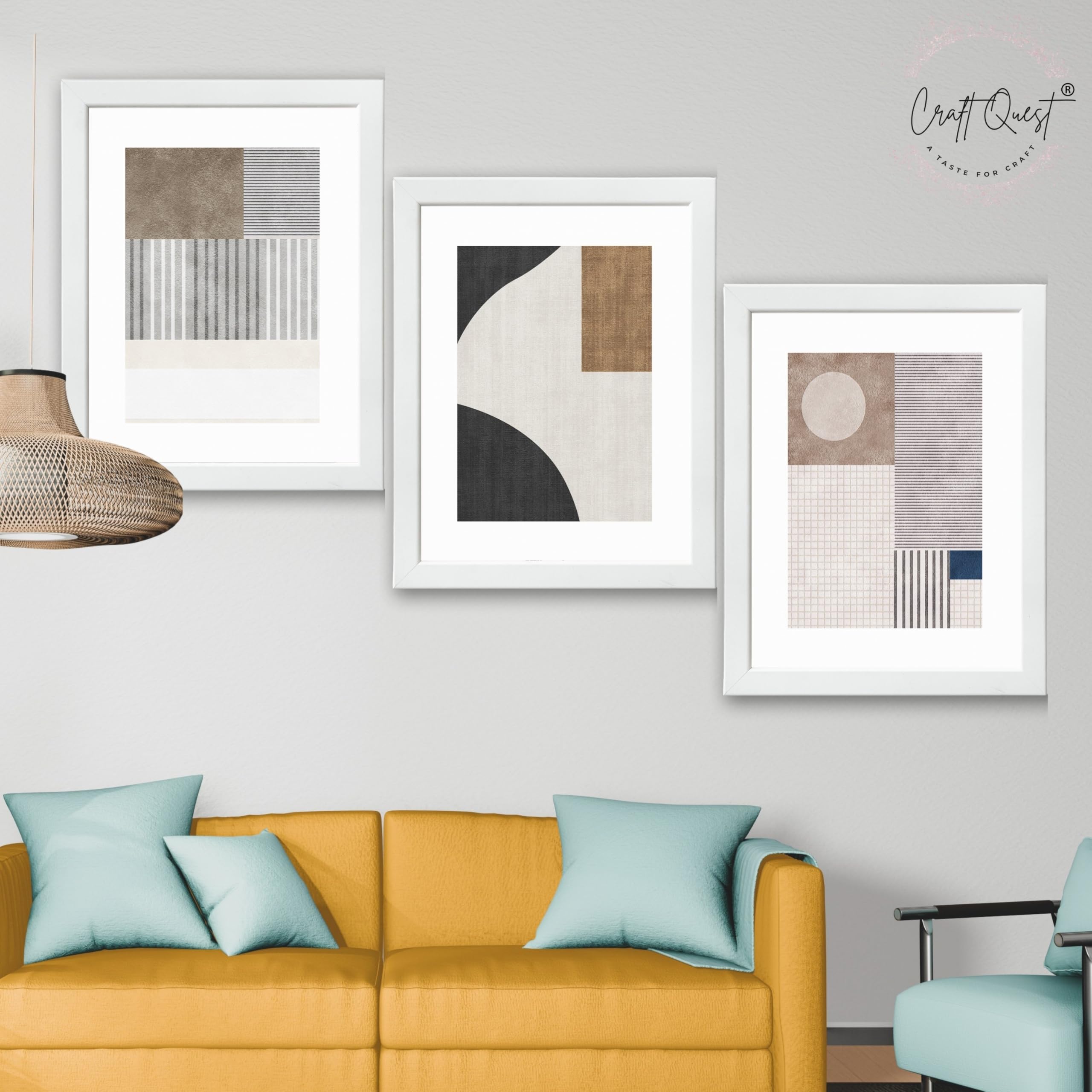 CRAFT QUEST Abstract Geometric Art Painting | Set of 3 Frames for Home Decoration | Ideal for Living Room, Bedroom & Offices